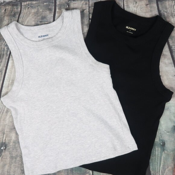 OLD NAVY GREY & BLACK RIBBED HIGH NECK SLEEVELESS TANK TOP BUNDLE SIZE MEDIUM - Picture 1 of 5